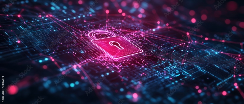 Poster digital padlock symbolizing cybersecurity on network