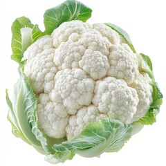 Fresh, whole head of cauliflower.  A pristine, white and firm head of cauliflower with vibrant green leaves at the base.  A close-up, high-quality image perfect for showcasing the vegetable