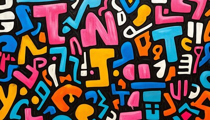 Colorful abstract graffiti art with letters and shapes on black background.