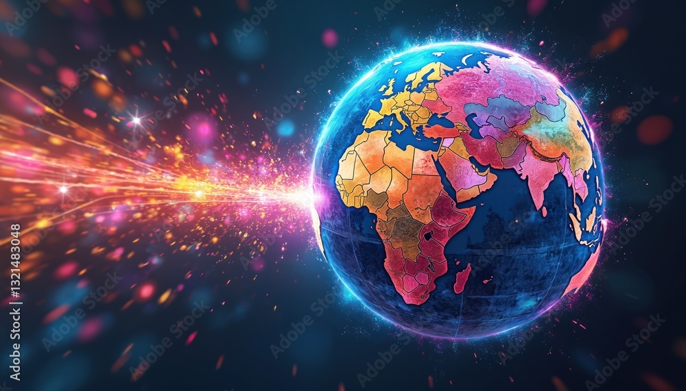 Poster abstract digital globe with continents map radiating energy beams. concept of worldwide connection, 