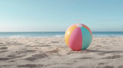 Obraz premium Colorful Beach Ball on Sandy Shore with Relaxing Ocean Backdrop