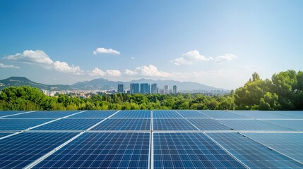 A solar panel field with a city in the background