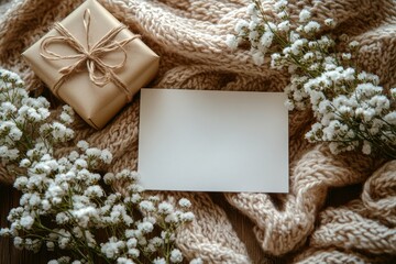 Blank Invitation Card Mockup with Kraft Envelope Gift Box and Baby's Breath Flowers