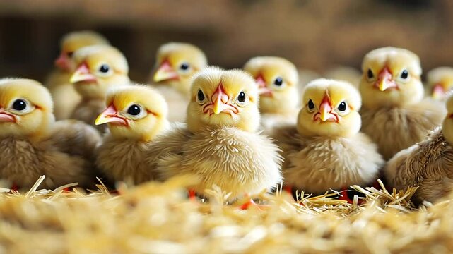 Adorable newborn chicks huddled together in a cozy straw nest farming scene