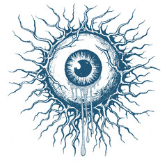 A black and white line art illustration of an eyeball wrapped in thorny roots. A dark and eerie artwork, perfect for metal band merchandise, gothic designs, and horror themes