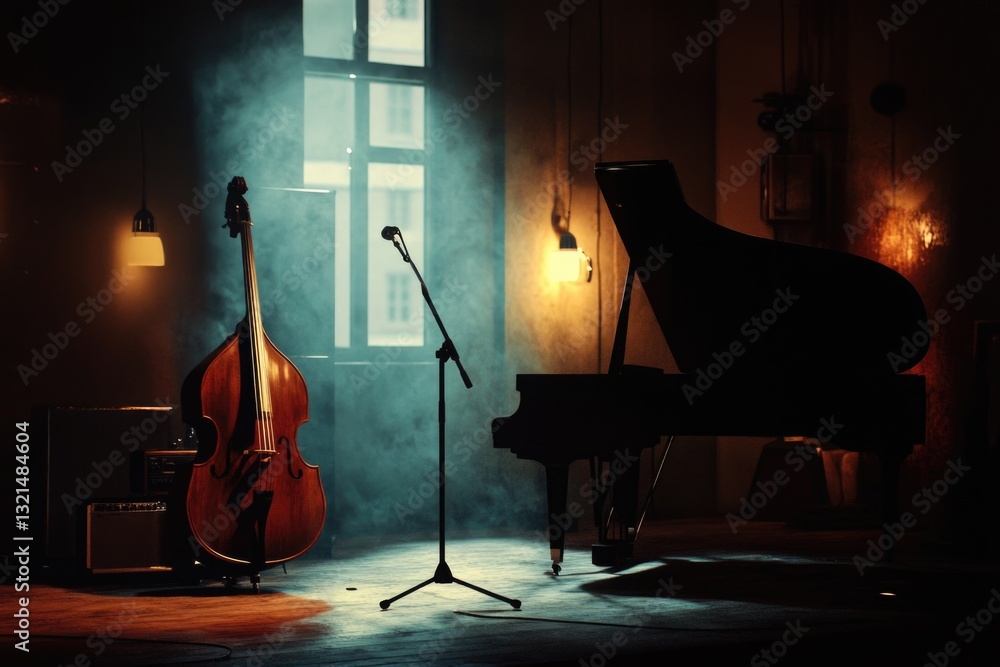 Poster a pair of musical instruments, a piano and a cello, sit in front of a window with natural light