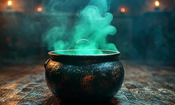 Mysterious cauldron emitting green smoke in a dimly lit room with candles flickering in the background