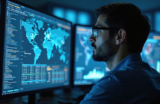 Cybersecurity expert analyzes data on computer screen, security visuals displayed. Data analysis, digital protection, privacy defense online threat. Encryption hacker firewall surveillance monitoring