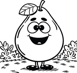 Smiling Cartoon Pear With Large Eyes and Leaf in Black and White