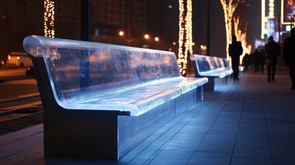 A modern, illuminated bench design in a cityscape, surrounded by glowing lights, creating a serene evening atmosphere.