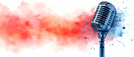 Retro microphone, colorful splash, music promo