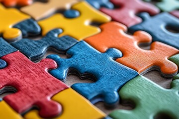 Close up of connected colorful puzzle pieces on a surface