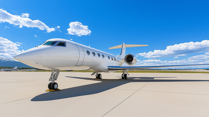 A white private jet parked on the tarmac under a blue sky with clouds.