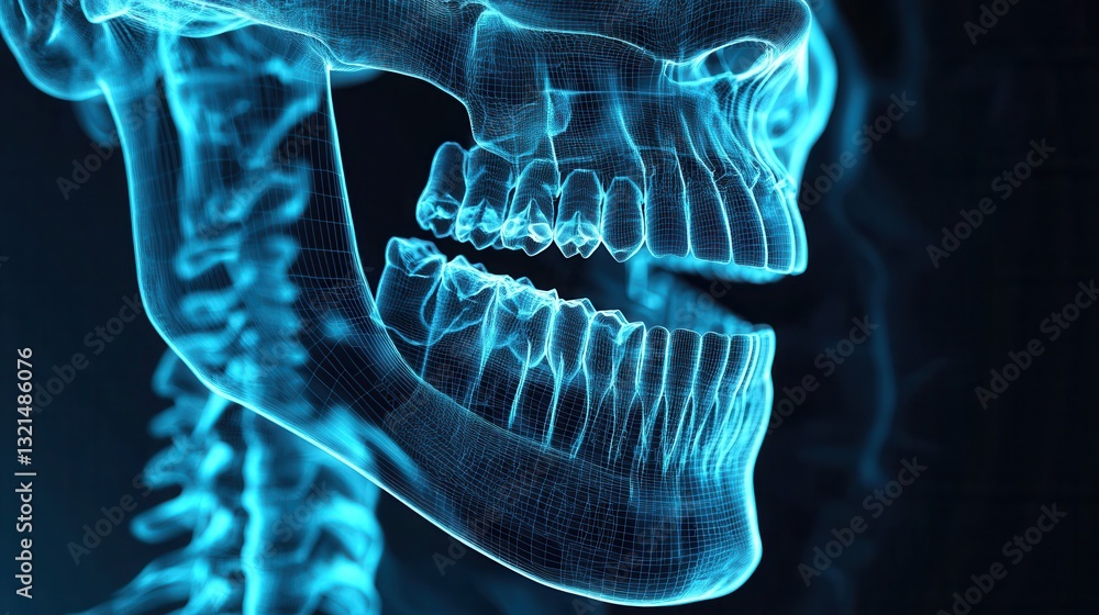 Poster detailed jawbone x-ray blueprint with glowing implants and skeletal outlines in dark medical backgro