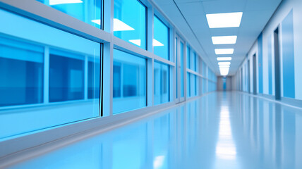 modern hospital corridor with blue lighting and large windows creates calming atmosphere