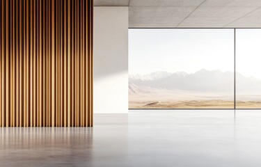 Fototapeta premium Modern minimalist room with wood wall and mountain view.