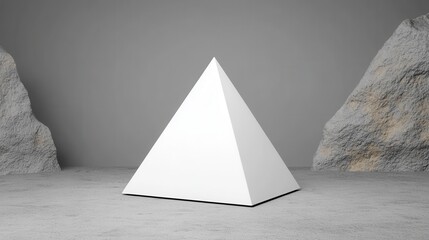 White pyramid on gray textured surface between two gray textured rocks. Minimalist, geometric scene with neutral tones and soft lighting.