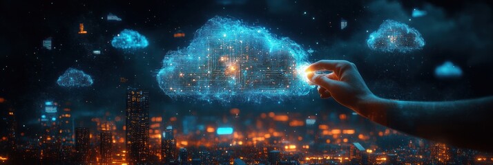Futuristic Cityscape Cloud Computing Digital Technology Data Exchange Interaction