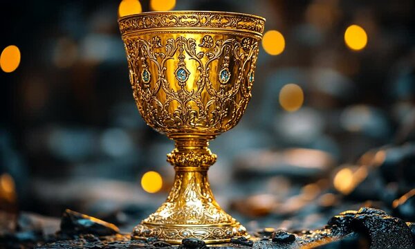 Ornate golden chalice displayed on a rocky surface with a blurred, glowing background