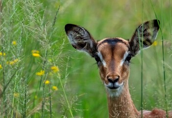 Common impala lamb (Aepyceros melampus) peers through the grass on Thswene Drive.
