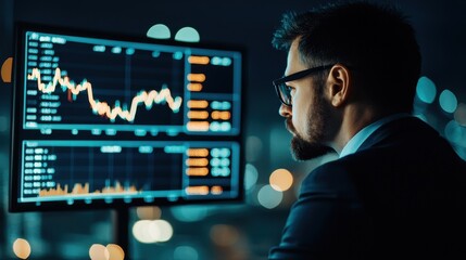 A focused professional analyzes financial data on multiple screens in a dimly lit room, with graphs and statistics illuminating the space.