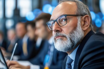 Fototapeta premium Climate change mitigation carbon emissions policy. Focused businessman in a meeting with colleagues.