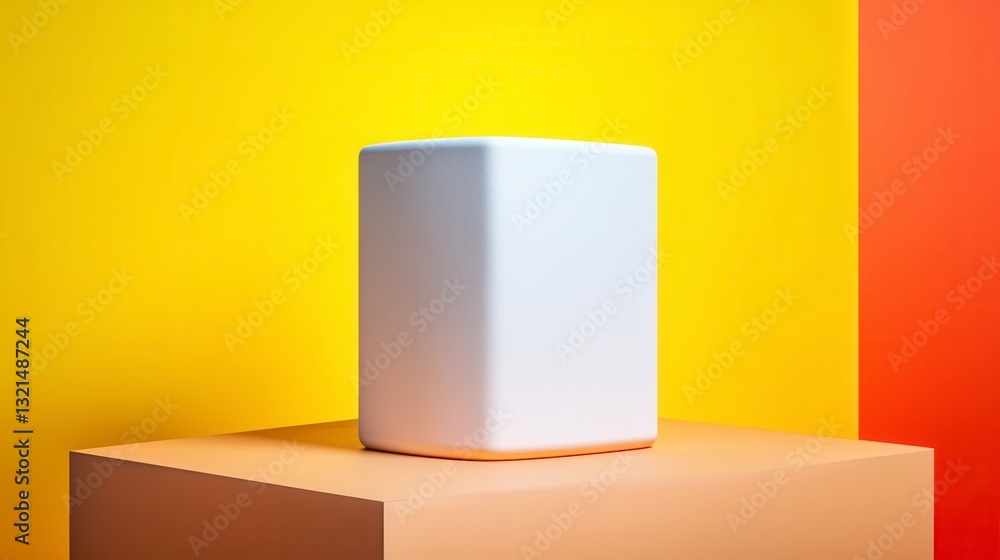 Aufkleber white cubic object with textured surface sits on a light brown cube against a vibrant yellow and ora