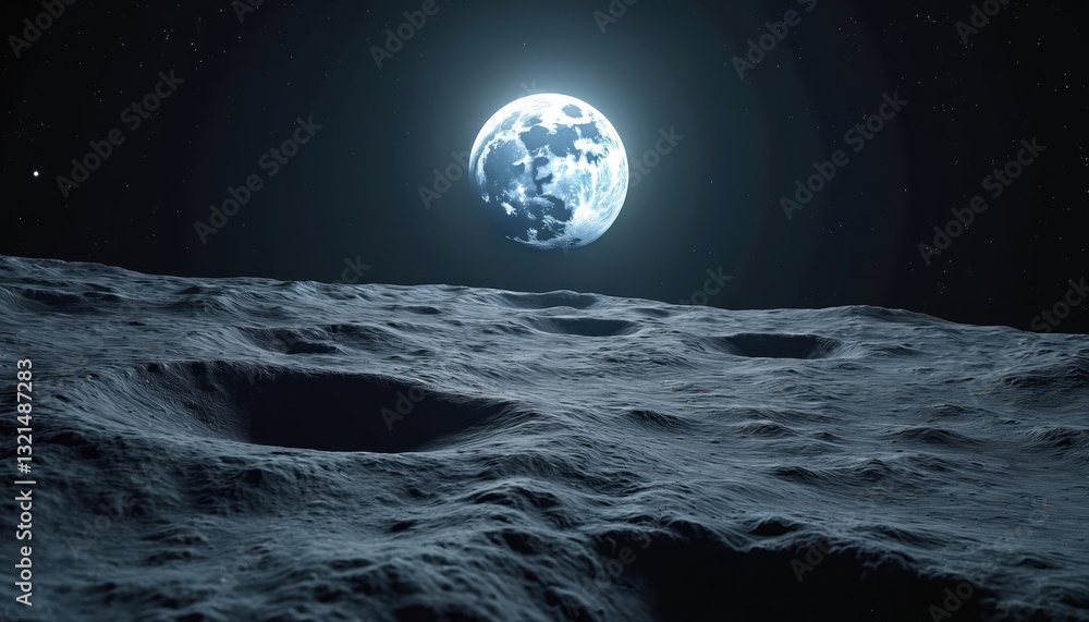 Poster surface of moon with earth in background. lunar landscape with craters on dark night sky. blue plane