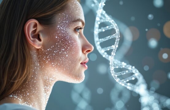 DNA-based skincare treatment. Young woman with personalized genetic profile, tailored innovation. Precision dermatology, gene therapy, rejuvenation. Molecular health, beauty regime, cellular repair,