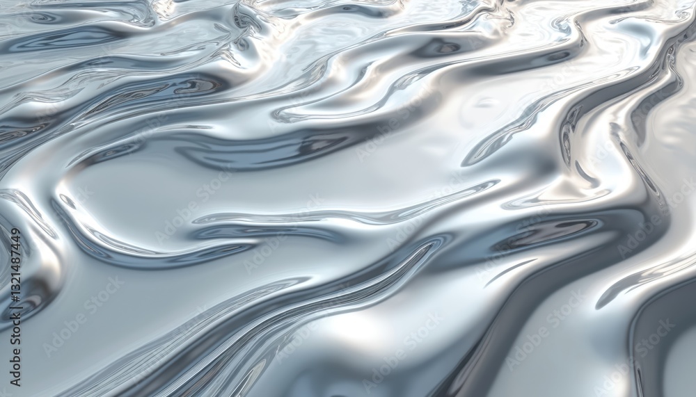 Poster glossy silver metal surface with fluid chrome mirror effect, exquisite water-like appearance backdro