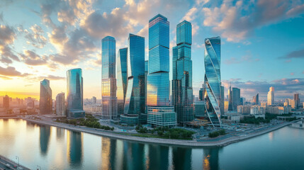 Fototapeta premium The sleek glass facades of towering business skyscrapers in the heart of the city