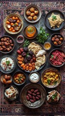 Iftar spread with dates and drinks with a traditional arabesque pattern background