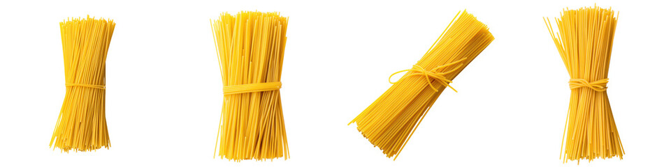 Bundles of uncooked vibrant yellow Italian pasta noodles such as spaghetti linguine and penne arranged in a still life composition on a clean white background