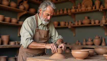 Bearded elderly craftsman works with clay in pottery workshop, makes ceramic pot on wheel. Shelves filled with vases, jugs, handcraft. Serious male concentrated on handcraft art, create handmade