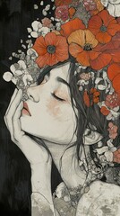Serene Woman with Red Flower Crown: A Dreamy Portrait