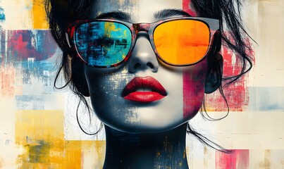 a woman wearing sunglasses with colorful reflection and with an artistic painting style.