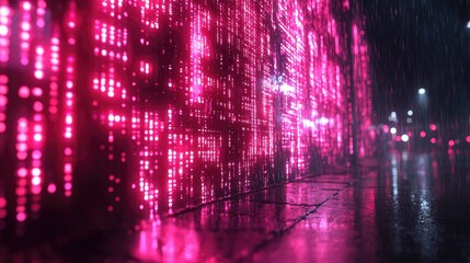 Fototapeta premium Neon city rain, digital wall, wet street, night