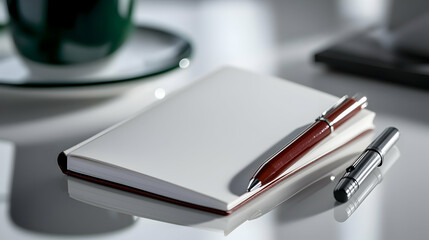 A notebook with two pens is resting on a table