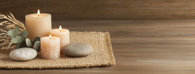 Relaxing spa arrangement with candles, eucalyptus leaves, and Himalayan salt set on a wooden surface for a body treatment