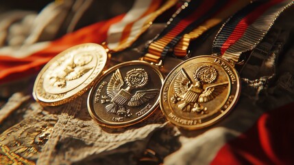 Honor Medals, Dedication Immortalized, Timeless Recognition, a display of unyielding commitment and achievement, celebrating valor and excellence in a serene, elegant setting.