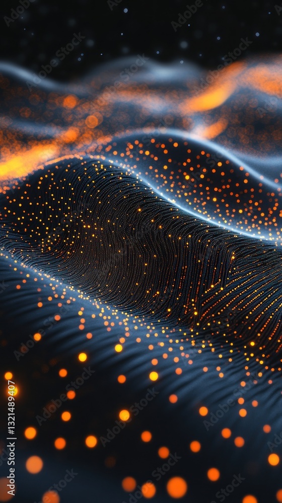 Aufkleber abstract visualization of glowing particles flowing over dark undulating waves, creating a dynamic a