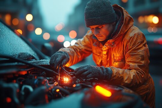 Mechanic Jump Starting a Car with Booster Cables in Sunny Outdoor Setting for Dead Battery Repair and Maintenance Assistance