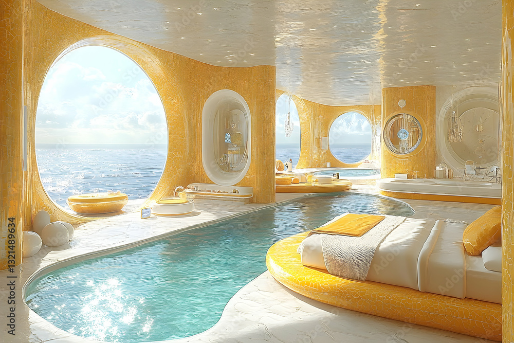 Poster luxurious ocean-view suite with an indoor pool and circular beds, showcasing a unique blend of moder