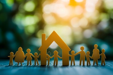 a family of people holding hands in front of a house silhouette.