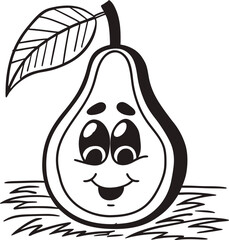 Smiling Cartoon Pear With Large Eyes and Leaf in Black and White