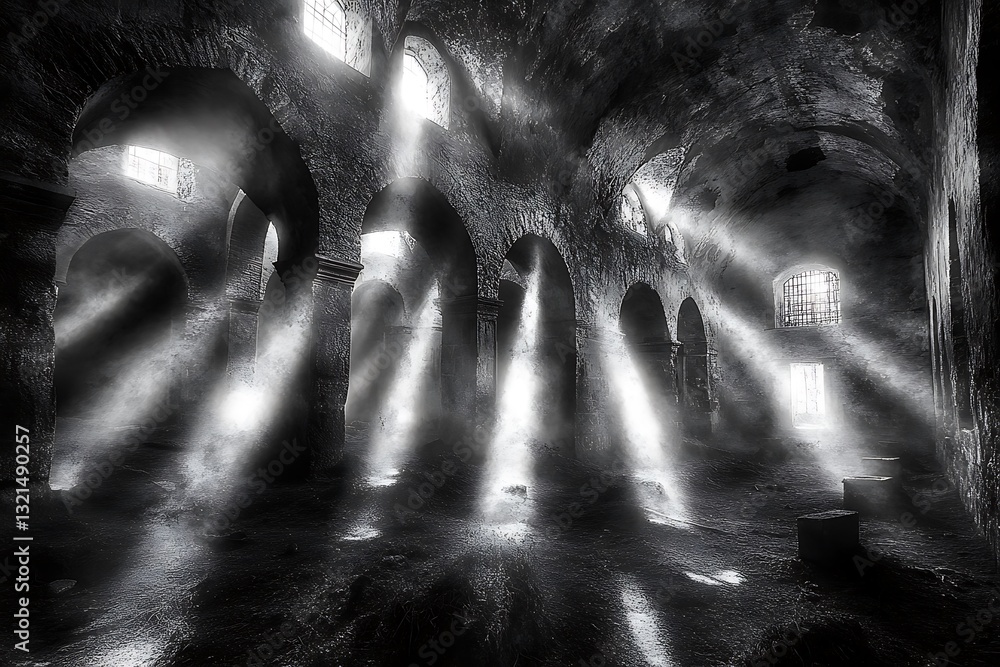 Poster mystical rays of light in old stone building vault architecture