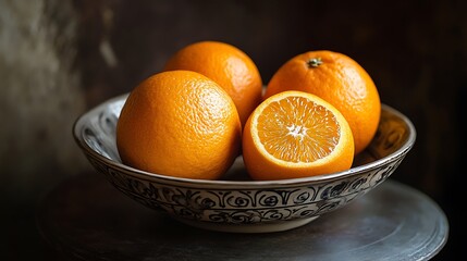Oranges in Decorated Bowl Still Life with Slice Detail