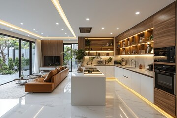 Obraz premium Modern living space seamlessly blending kitchen and lounge featuring sleek design and ample natural light