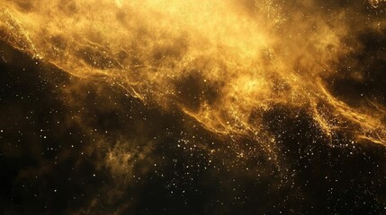 Golden cosmic nebula with swirling gases and distant stars, creating a mesmerizing celestial backdrop