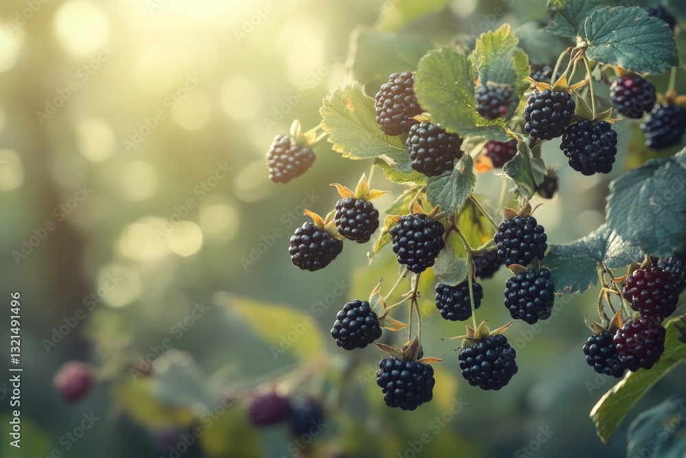 Poster fresh blackberries hanging from a tree branch